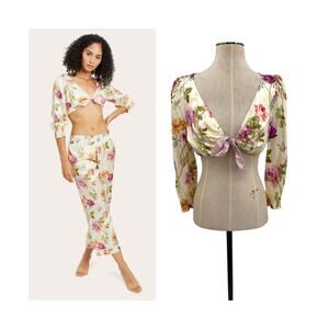 Morgan Lane Gretchen Top Silk Blend Floral Tie Front Crop Blouse Small NWT